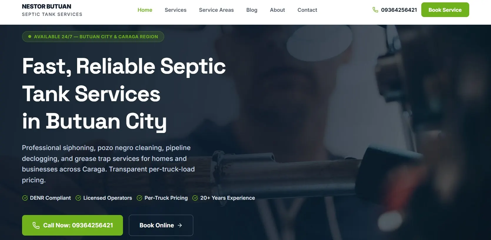 Nestor Butuan septic tank services website designed by We Forge Web