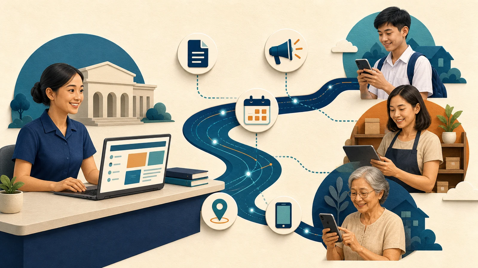 Illustration of a public-service staff member connected by a path of icons to residents using phones and tablets, representing documents, announcements, schedules, and local services