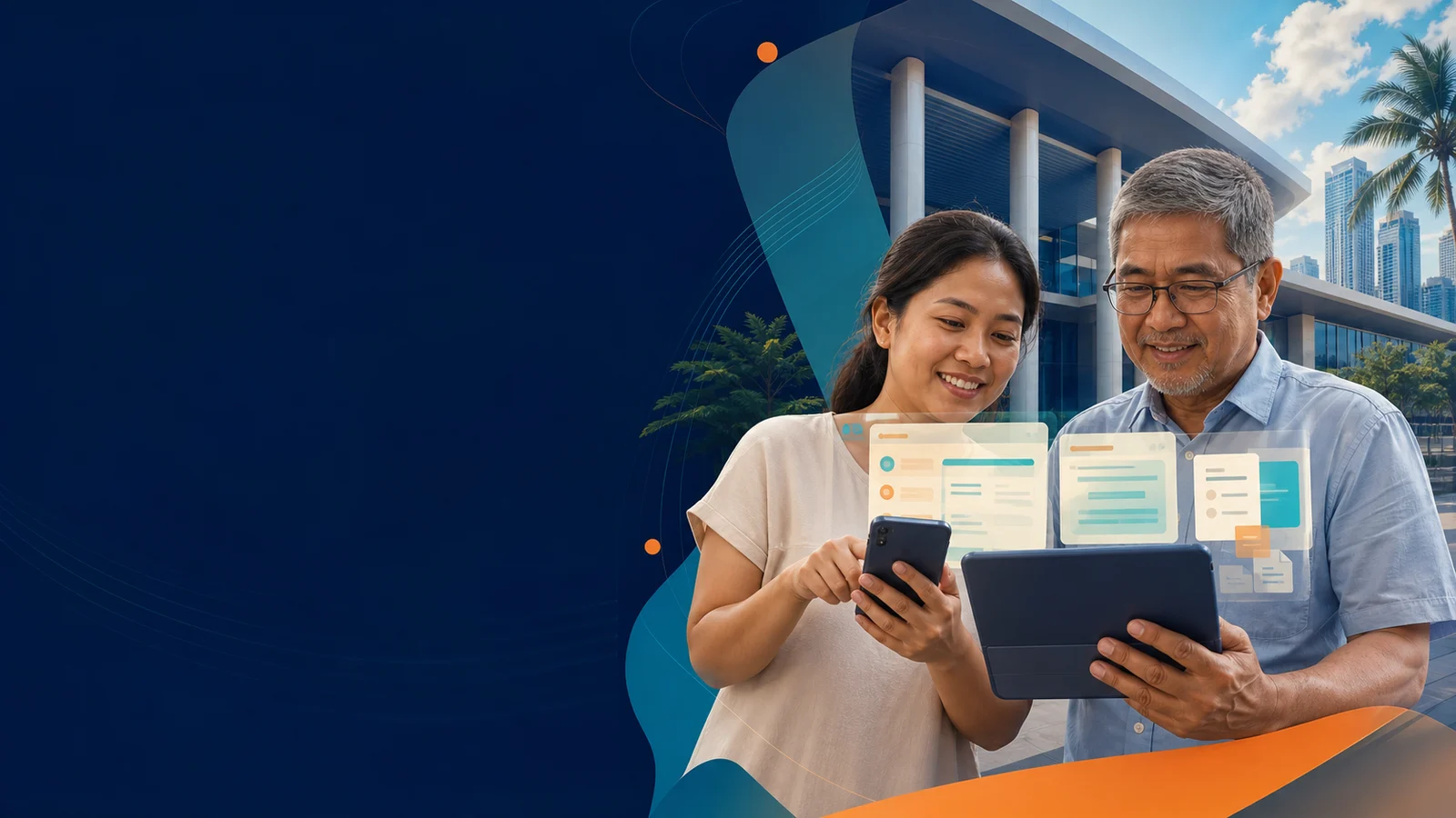 Illustration of residents and a public-service staff member using devices to access local government information, set against a civic building